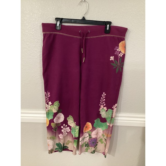 Lucky Brand Y2K Cropped Wide Leg Pants Large Boho Asian Floral PrintLounge Retro - Picture 1 of 9